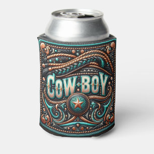 Enfriador De Latas Cowboy turquesa marrón de cuero occidental