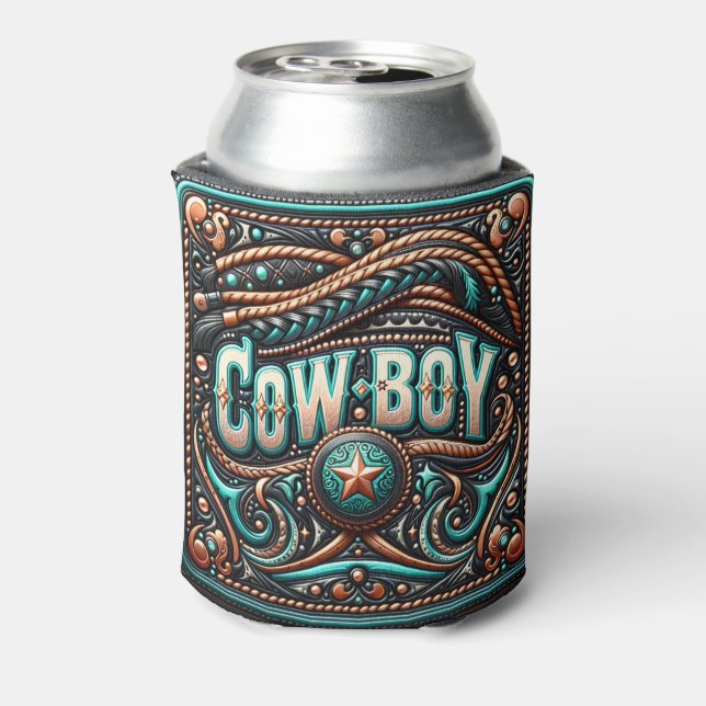Enfriador De Latas Cowboy turquesa marrón de cuero occidental (Reverso de la lata)