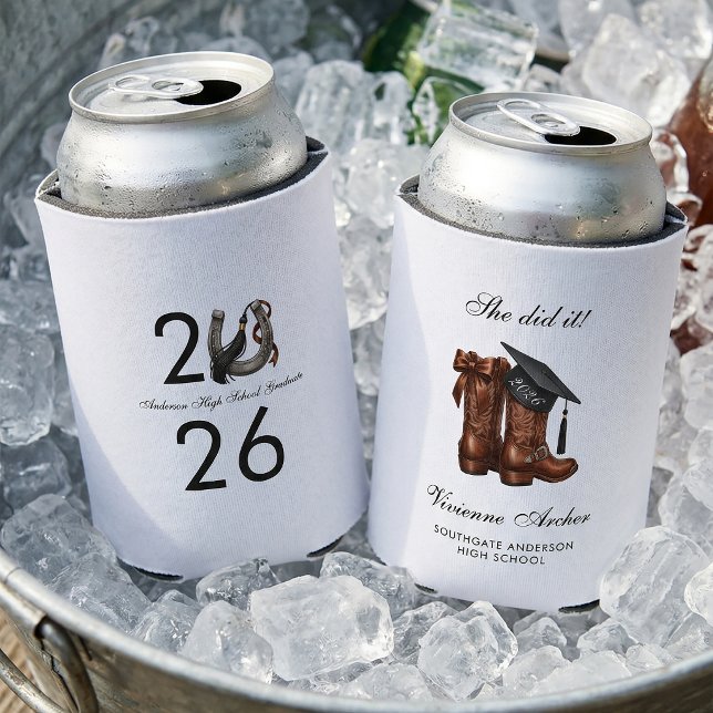 Enfriador De Latas Cowgirl Boots & Graduation Cap Party (Country Chic Graduation Can Coolers )