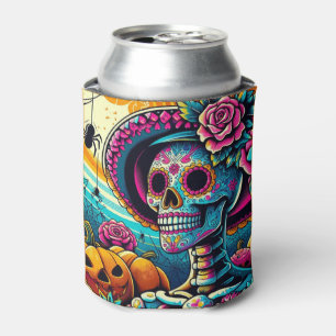 Enfriador De Latas Cráneo de azúcar de Halloween de arte pop, calabaz