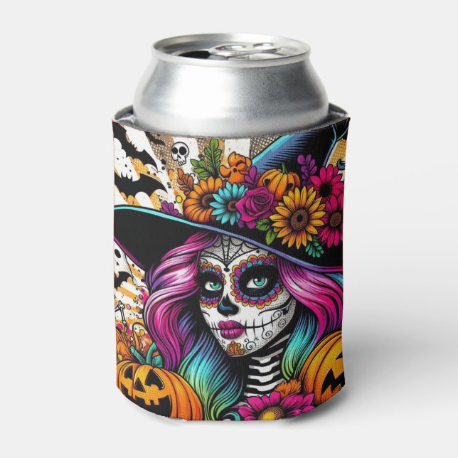 Enfriador De Latas Cráneo de azucar, fantasma y calabazas de arte pop (Lata Anverso)