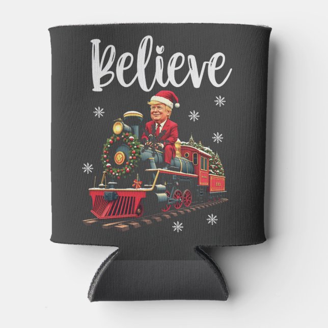 Enfriador De Latas Creer que Trump monta un tren en Santa Apron (Anverso)