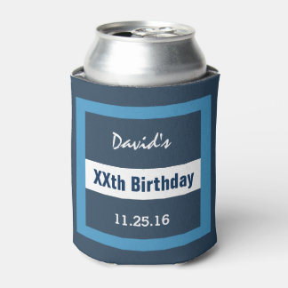 Enfriador De Latas Cualquier año cumpleaños Geométrico azul y blanco 