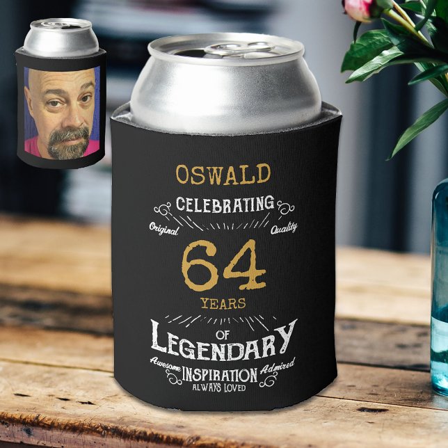 Enfriador De Latas Cualquier cumpleaños, foto legendaria de oro negro (Personalized vintage black and gold can cooler with photo on rear.)