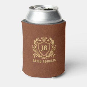 Enfriador De Latas Cuero Falso Marrón Escudo Heráldico Monograma Negr