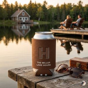 Enfriador De Latas Cuero Falso Rústico Monograma Personalizado Lago H
