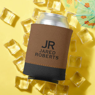 Enfriador De Latas Cuero Marrón y Negro con Monograma Personalizado