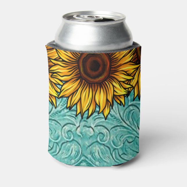 Enfriador De Latas Cuero turquesa con girasoles brillantes y soleados (Reverso de la lata)