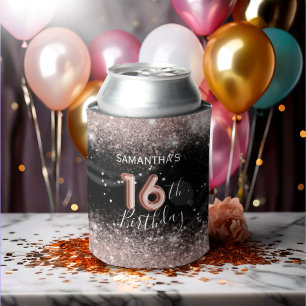 Enfriador De Latas Cumpleaños 16 Chic Rosa Brillante y Negro