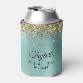 Enfriador De Latas Cumpleaños 21 Brillante Oro Turquesa Pálido Hologr