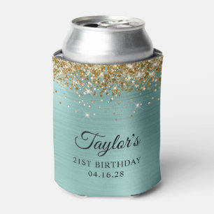 Enfriador De Latas Cumpleaños 21 Brillante Oro Turquesa Pálido Hologr