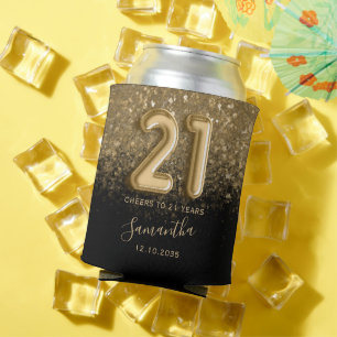 Enfriador De Latas Cumpleaños 21 Chic Dorado y Negro con Brillo