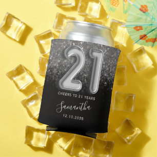 Enfriador De Latas Cumpleaños 21 elegante con brillo plateado y negro