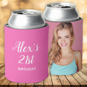 Enfriador De Latas Cumpleaños 21 Nombre Foto Rosa Caliente Blanco