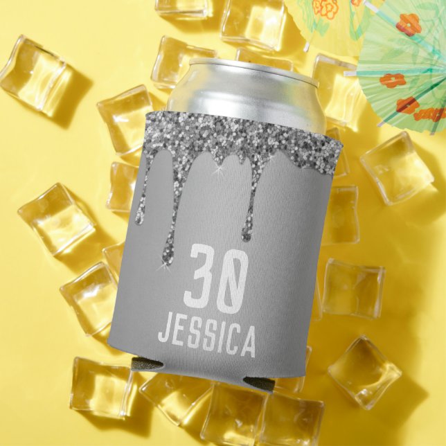 Enfriador De Latas Cumpleaños 30 Elegante Plata Moderno Favoritos Ele (Verano in situ)