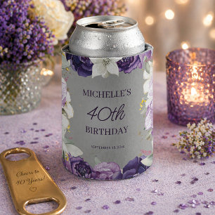 Enfriador De Latas Cumpleaños 40 Floral Blanco Púrpura