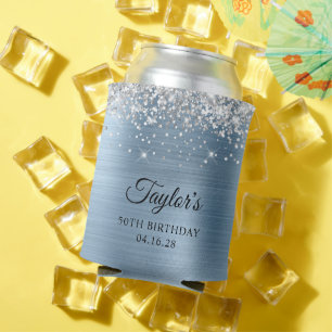 Enfriador De Latas Cumpleaños 50 Brillante Plata Luz Azul Foil