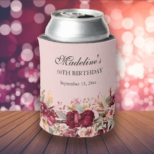 Enfriador De Latas Cumpleaños 50 de mujer con flores de color burdeos