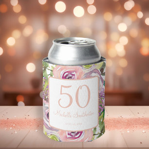 Enfriador De Latas Cumpleaños 50 de Purpura Rosa Floral Dorado Brilla