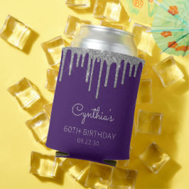 Enfriador De Latas Cumpleaños 60 Glam Plata Brillo Goteo Púrpura