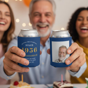 Enfriador De Latas Cumpleaños 70 personalizado azul oro con foto