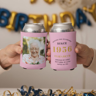 Enfriador De Latas Cumpleaños 70 personalizado rosa dorado con foto