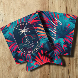Enfriador De Latas Cumpleaños Beach fiesta Palm Tree hojas sunset