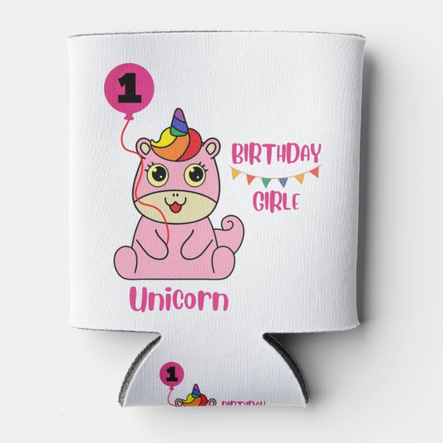 Enfriador De Latas cumpleaños chica de unicornio (Anverso)