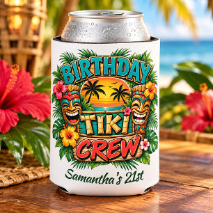 Enfriador De Latas Cumpleaños de la tripulación retro tropical Tiki