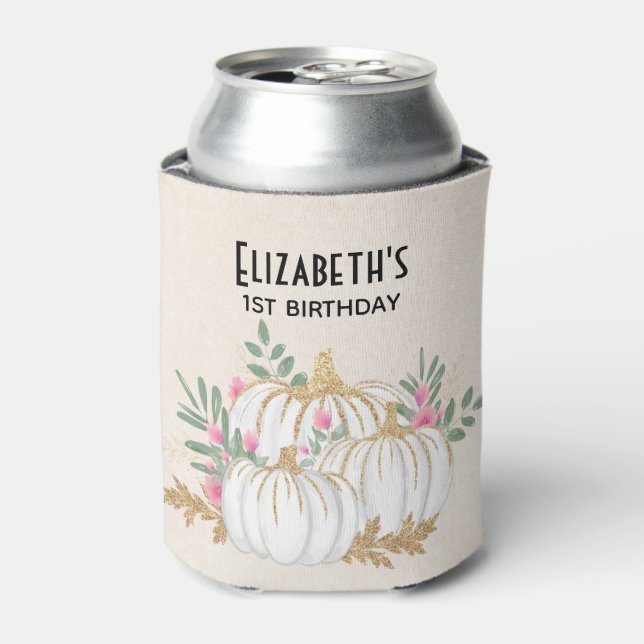 Enfriador De Latas Cumpleaños de las calabazas blancas y doradas (Lata Anverso)