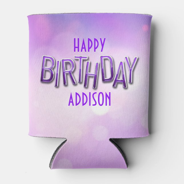 Enfriador De Latas Cumpleaños de Purple Pink Bokeh (Anverso)