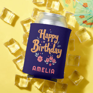Enfriador De Latas Cumpleaños Feliz Flores Florales Letra a Mano