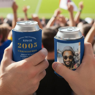 Enfriador De Latas Cumpleaños personalizado 21 azul oro con foto