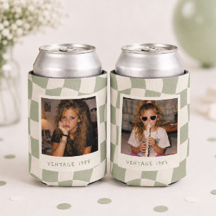 Enfriador De Latas Cumpleaños Personalizado 2 Fotos Retro Olivo Cuadr