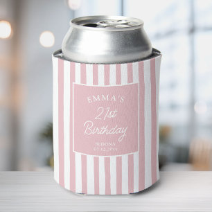 Enfriador De Latas Cumpleaños personalizado preppy con rayas rosadas 