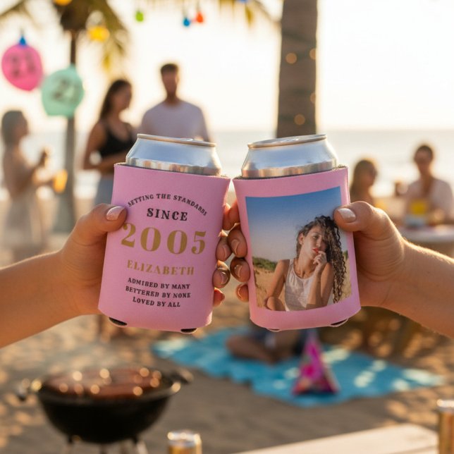Enfriador De Latas Custom 21st Birthday Pink Gold With Photo (Two 21st Birthday pink can coolers showing front and rear with a beach background.)