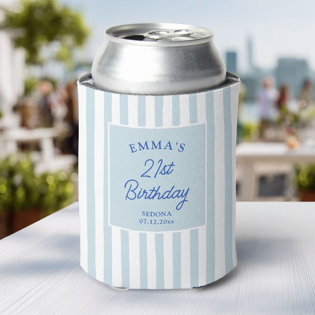 Enfriador De Latas Custom 21st Birthday Preppy Blue Striped Party (Subido por el creador)