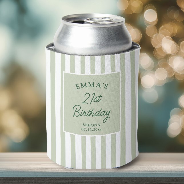 Enfriador De Latas Custom 21st Birthday Preppy Sage Striped Party (Subido por el creador)