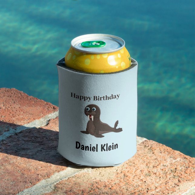 Enfriador De Latas Custom birthday cute gray seal blue (Piscina in situ)