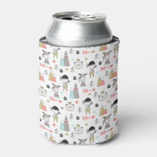 Enfriador De Latas Cute animales de bosque y patrón de chico indio