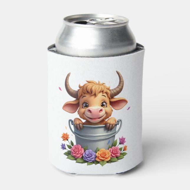 Enfriador De Latas Cute Baby Highland Cow With flowers Calf Animal co (Lata Anverso)