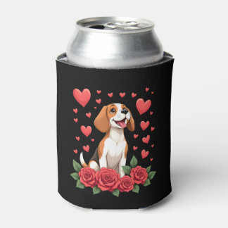 Enfriador De Latas Cute Beagle with Red Roses Hearts Floral Valentine