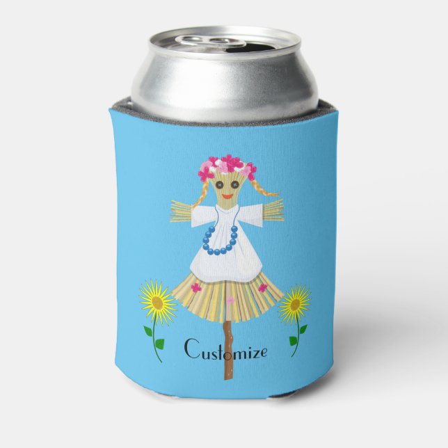 Enfriador De Latas Cute Blonde Pigtails Scarecrow (Reverso de la lata)