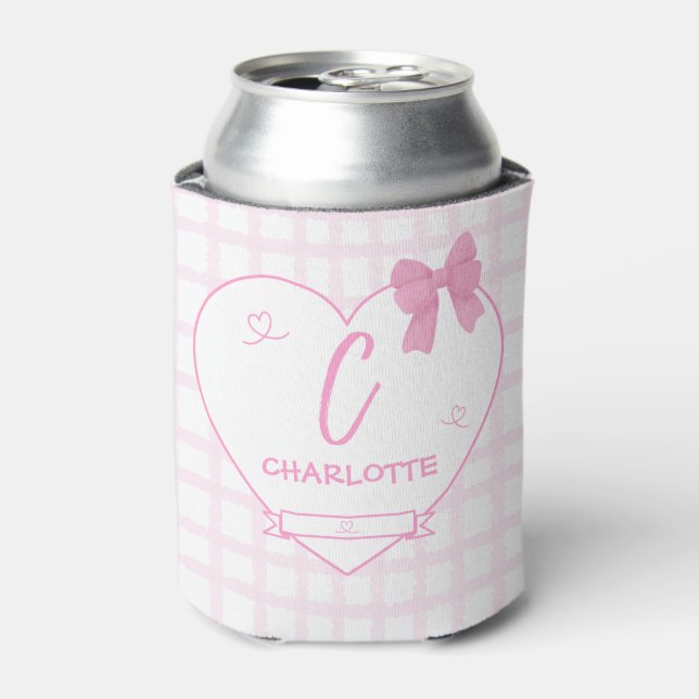 Enfriador De Latas Cute Bow Pastel Rosa Gingham Personalizado (Lata Anverso)