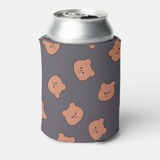 Enfriador De Latas Cute Brown Teddy Bear Face Pattern Dark Blue (Reverso de la lata)