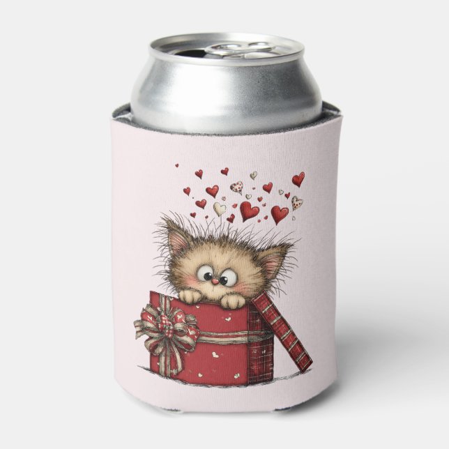 Enfriador De Latas Cute Cartoon Kitten in a Box with Hearts (Lata Anverso)