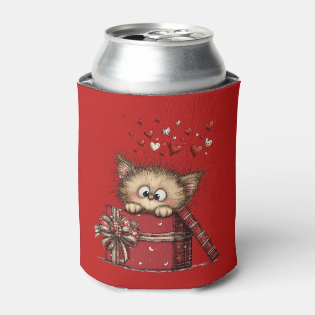 Enfriador De Latas Cute Cartoon Kitten in a Box with Hearts (Lata Anverso)