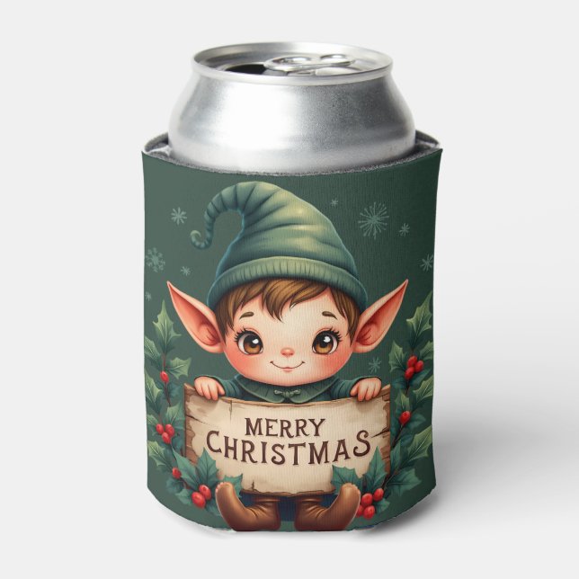 Enfriador De Latas Cute Christmas Elf Holding Merry Sign Green (Lata Anverso)