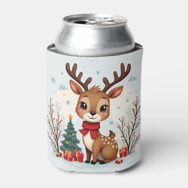 Enfriador De Latas Cute Christmas Reindeer Scene Snowy Forest (Lata Anverso)