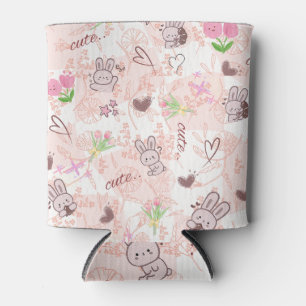 Enfriador De Latas Cute conejo Kawaii japonés y cuadros de gingham ro
